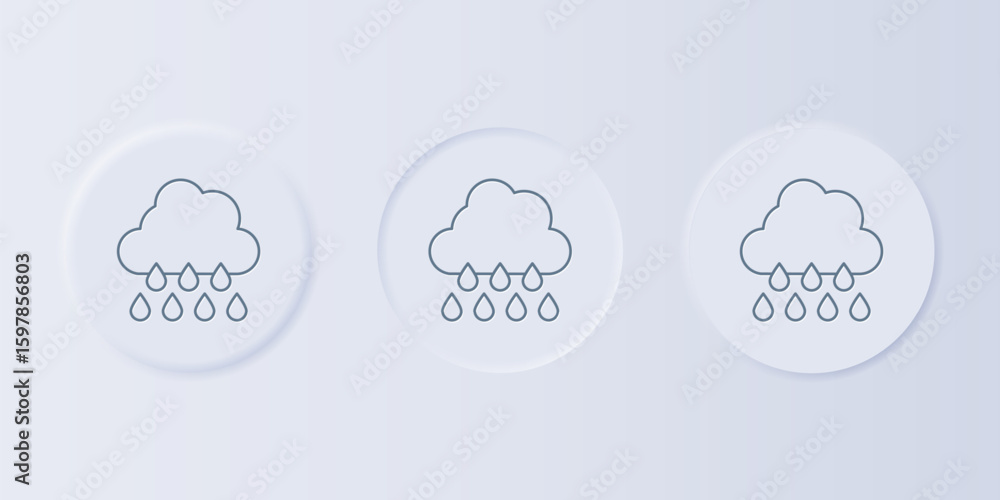 Poster grey cloud with rain icon isolated on grey background. rain cloud precipitation with rain drops. set