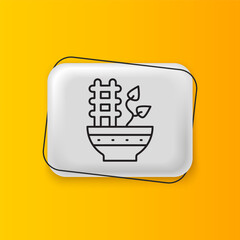 Black Plant in pot icon isolated on yellow background. Plant growing in a pot. Potted plant sign. Silver rectangle button. Vector