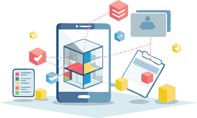 Illustration of a smartphone displaying a cube with various icons and documents around it online app