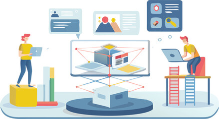 Illustration of two people working on laptops with a central cube display and floating interfaces