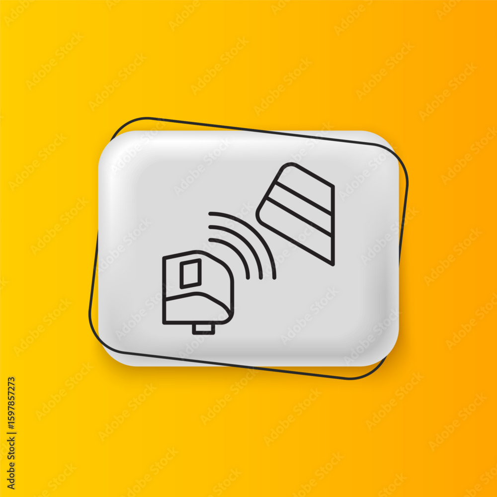 Poster black pos terminal with inserted credit card and printed reciept icon isolated on yellow background.