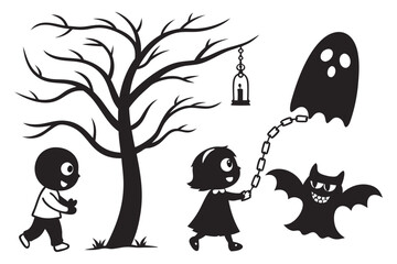 ghostly figures silhouette, Cute and Spooky Halloween Ghost Silhouettes – Vector Cartoon Illustration Set