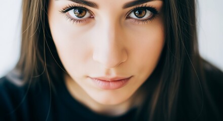 Intense Gaze: Close-Up Portrait of a Young Woman with Striking Brown Eyes