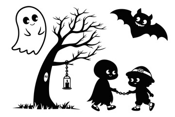 ghostly figures silhouette, Cute and Spooky Halloween Ghost Silhouettes – Vector Cartoon Illustration Set