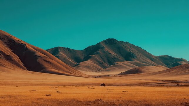 Expansive arid valley nestled between rolling, sun-drenched ochre hills under a vibrant teal sky; sparse vegetation dots the flatlands