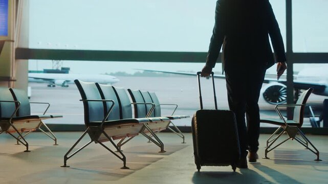 A businessman in a suit enters the airport lounge, pulling his carry-on suitcase. He walks past the window with airplanes outside and sits down on a row of waiting area seats.