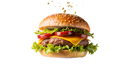 A juicy hamburger with fresh toppings isolated on transparent background, showcasing a delicious and appetizing fastfood meal