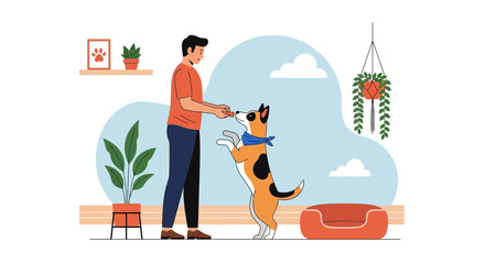 Affectionate Pet Owner Giving His Obedient Dog A Treat In A Cozy Home