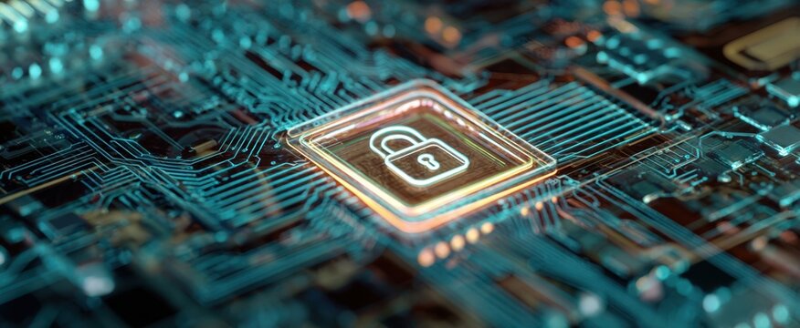 The intricate circuitry with a locked padlock symbol representing digital security