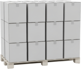 Stack of twelve sealed cardboard boxes on a wooden pallet ready for transport transparent background