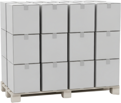 Stack of twelve sealed cardboard boxes on a wooden pallet ready for transport transparent background