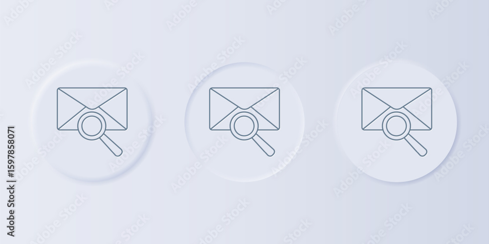 Poster grey envelope mail with magnifying glass icon isolated on grey background. set icons in square butto