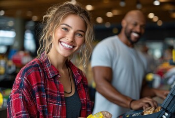 A woman in a red plaid shirt stands at the cash register, smiling and holding some food items.