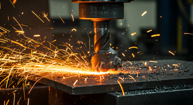 Metal Milling Sparks, Industrial Cutting Process with Flying Particles