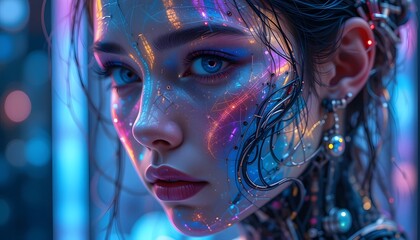 A beautiful iridescent woman cyborg with intricate wiring and circuitry on her facde and skin - Cyberpunk, android robot bionic - Female artificial intelligence - Science fiction chrome robot girl.