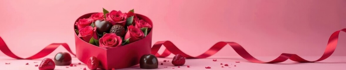 Heart-shaped box overflowing with chocolates & roses, pink background Elegant ribbon , texture, detail, topview