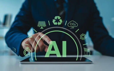 Businessman interacting with ai technology and environmental sustainability icons on a futuristic digital interface