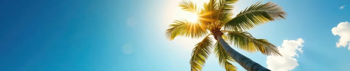 Looking up at a palm tree against a sunny sky, daytime, banner