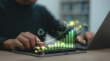 Man analyzing financial growth chart with digital overlay showing upward trend and sustainability symbols