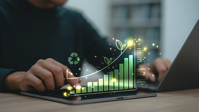 Man analyzing financial growth chart with digital overlay showing upward trend and sustainability symbols