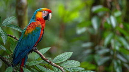 Colorful Macaw Perched on Branch in Lush Tropical Forest Scene 