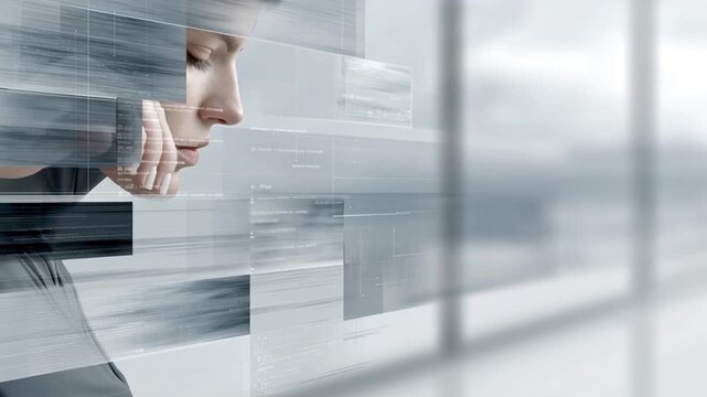 concept of a woman in the modern virtual world Conceptual video - data, coding, artificial intelligence, software and futuristic user interfaces.