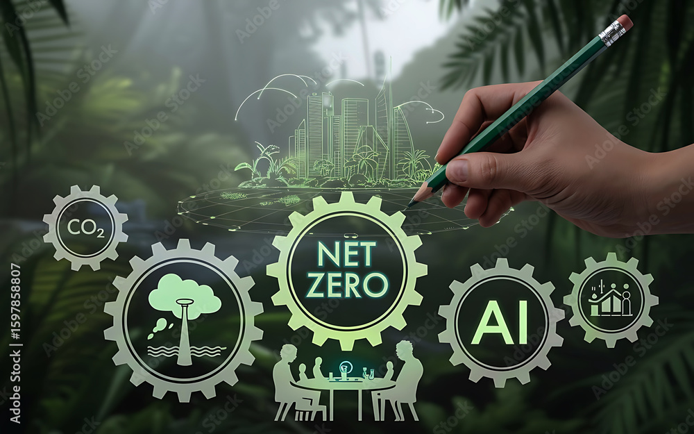 Poster hand drawing net zero concept with gears and ai in lush green forest symbolizing sustainable future