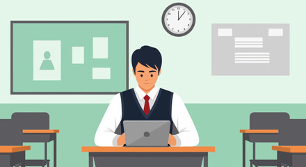 Focused Student Learning With Laptop Inside School Classroom Design