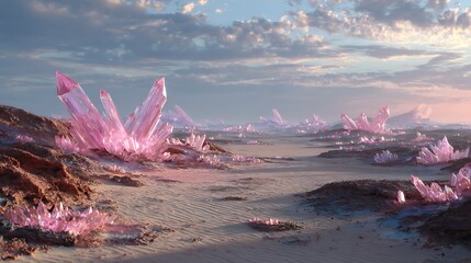 Unveiling the Ethereal Landscape: A Symphony of Pink Crystals and Pastel Skies