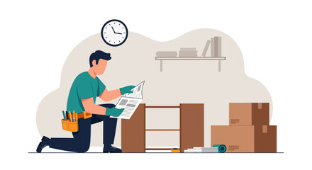 Assembling Furniture With Manual Guide, Man Doing Diy At Home