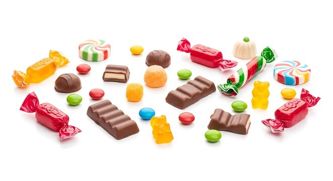 Assorted candies including wrapped sweets chocolate bars and gummy bears on a white background surface