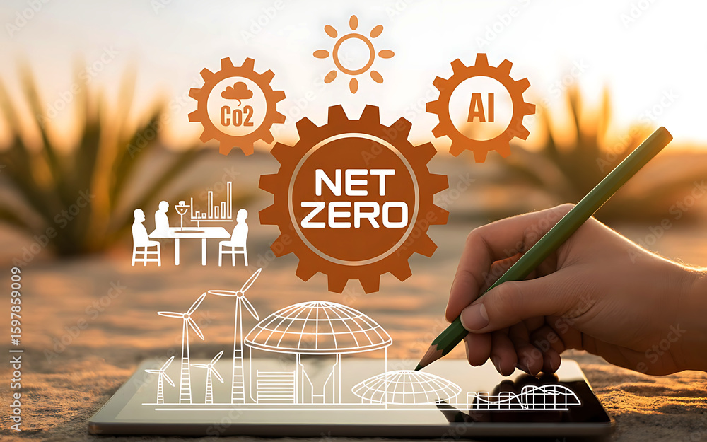 Poster person using stylus on tablet with net zero concept and renewable energy icons in desert landscape a