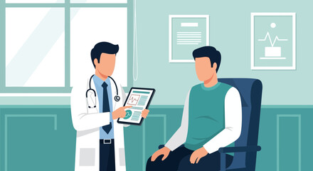 Doctor Explaining Medical Results To Patient On Tablet In Consultation Room