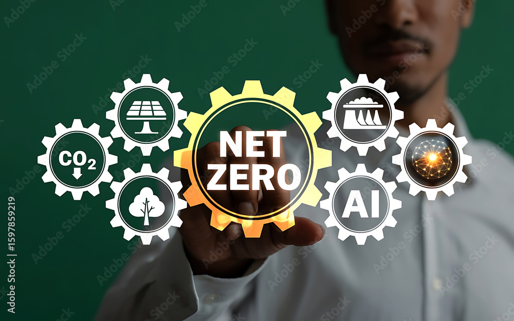 Poster person touching a digital graphic of interconnected gears representing net zero emissions and sustai