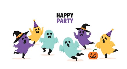 Obraz premium Cartoon ghosts having a happy party with a pumpkin on a white background illustration vector