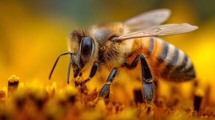 Apis Mellifera close-up foraging nectar from a vibrant golden flower
