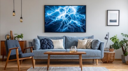 Modern living room with framed lightning art