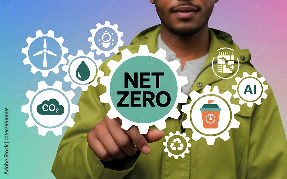 Aufkleber man s hand touches a large gear with net zero text surrounded by smaller gears with environmental ic