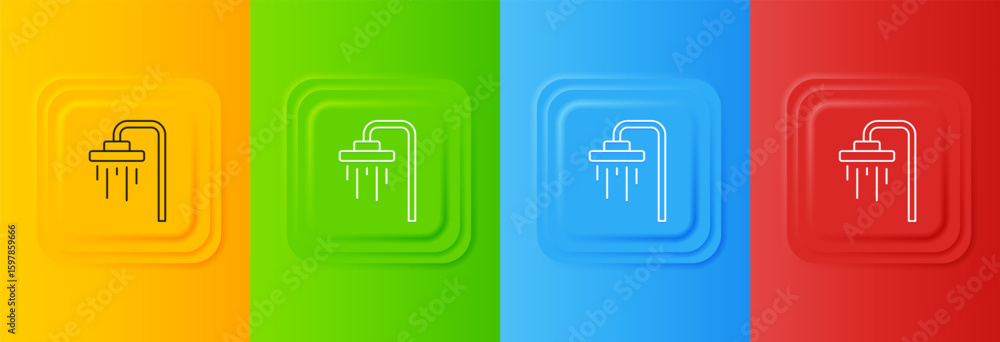 Poster white shower head with water drops flowing icon isolated on colorful background. set icons in square