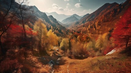 Scenic autumn foliage painting of a vibrant valley landscape under a serene sky