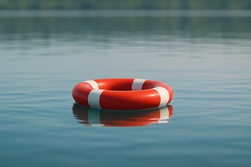 Naklejka premium lifebuoy floating on still lake in daylight