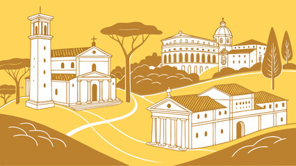 Fototapeta premium Vintage illustration of italian architecture landscape with buildings and trees on yellow background art print
