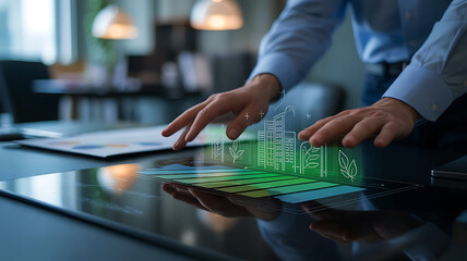 Business professional analyzing digital financial data and charts on a futuristic interactive touchscreen display