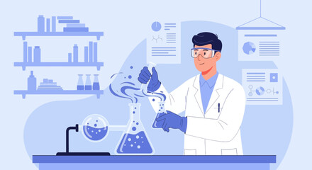 Man Conducting Experiments In A Chemical Laboratory Science Research Illustration