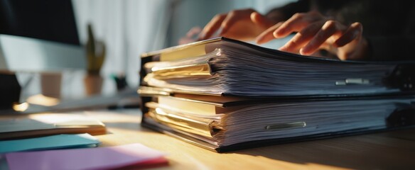 Obraz premium The hands working on organized files in a cozy office setting.