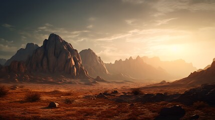 Serene desert landscape with majestic mountains bathed in golden sunset light