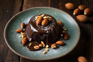 A lava cake decorated with almonds, cashews and peanuts, with melted chocolate flowing.