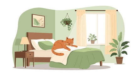 Cozy Bedroom Interior With Sleeping Cat And Plants Creating A Peaceful Scene