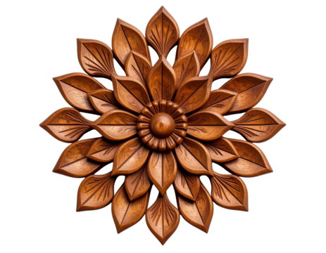 Intricately Carved Wooden Floral Ornament, Traditional Handcrafted Detail on White PNG