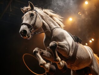 Beautiful gray horse performing tricks under bright stage lights during an evening show